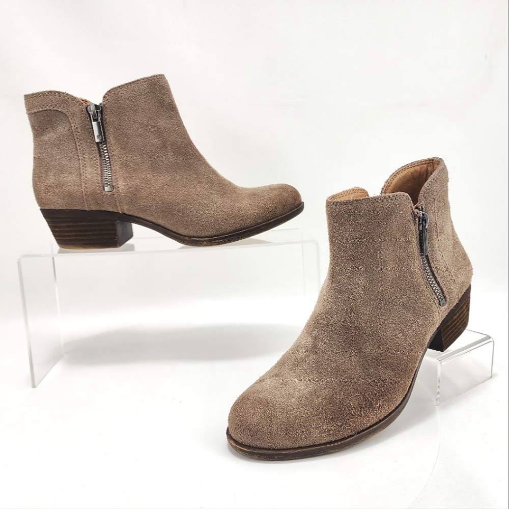LUCKY BRAND – Heeled ankle boots, approx. 1.5”, leather upper, taupe, size 6.5